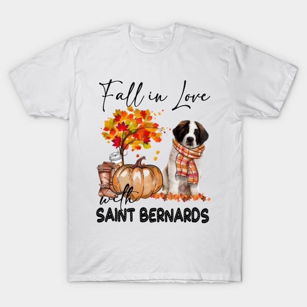 Fall In Love With Saint Bernards Fall Pumpkin Thanksgiving T-Shirt by Red and Black Floral